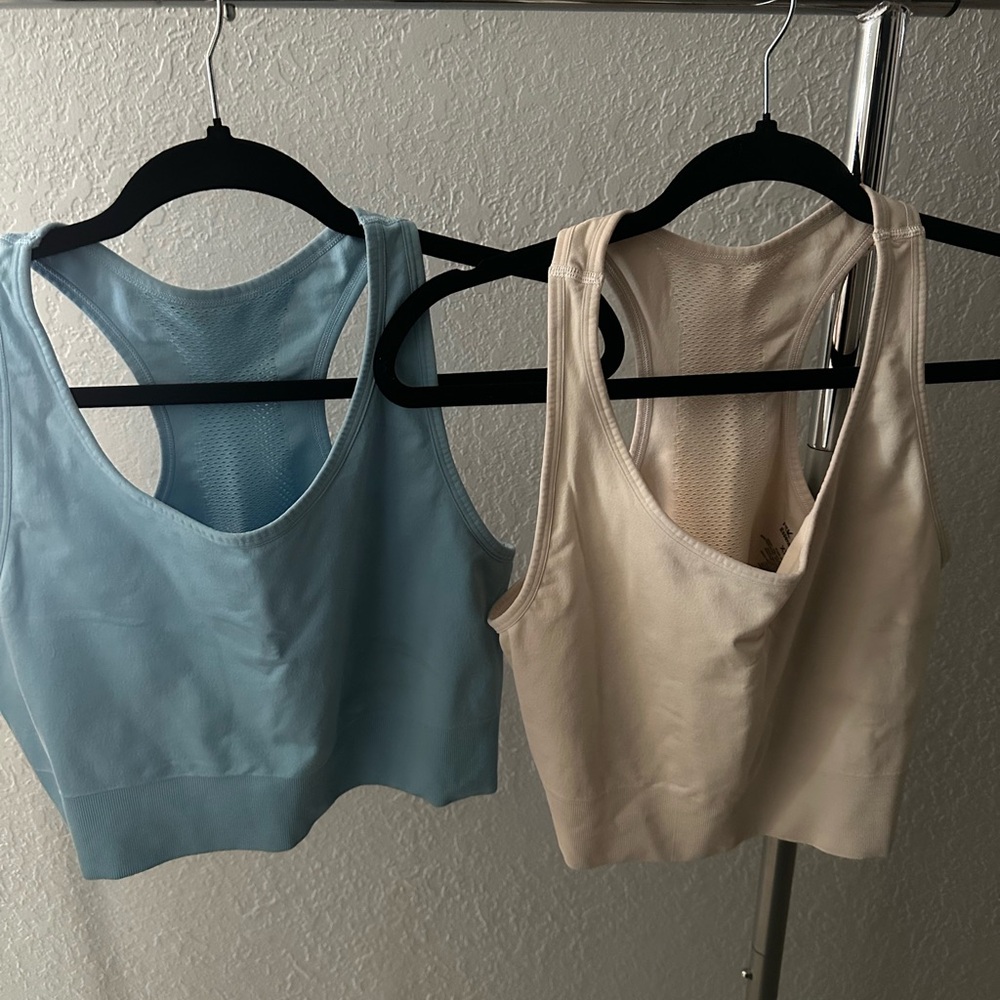 Blue and Cream sports bras